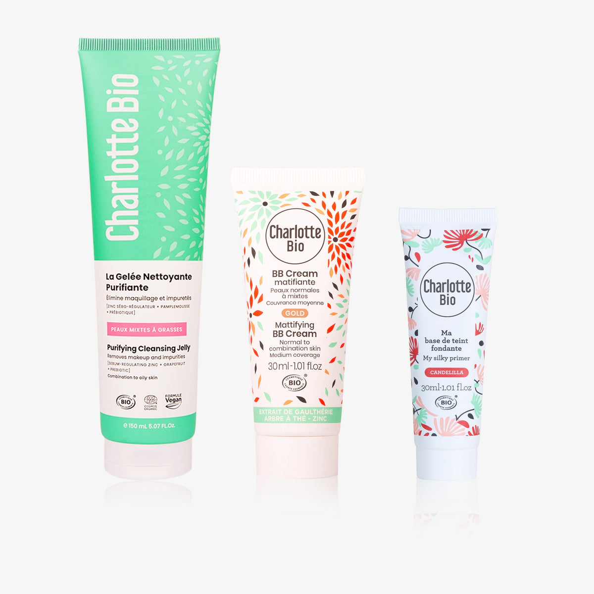 Trio BB Crème + base de teint + gelée nettoyante purifiante